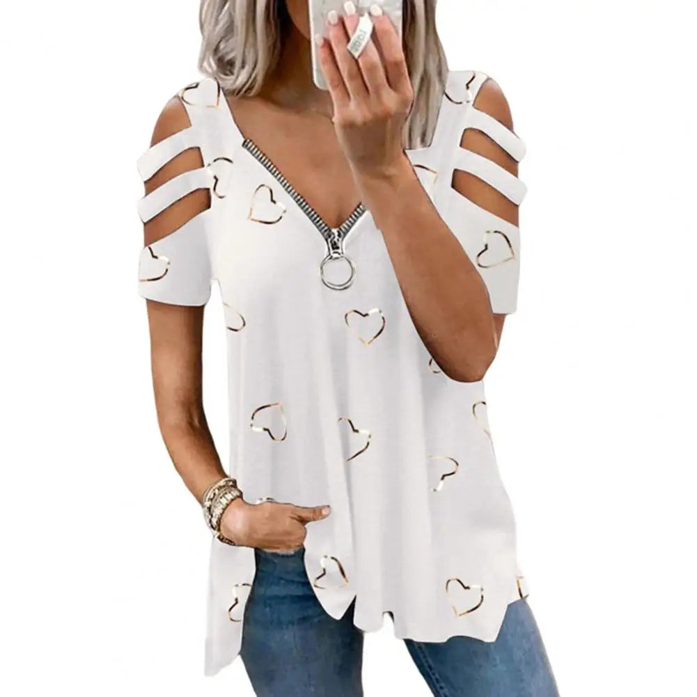 Women Summer Top V Neck Low-cut Hollow Out Short Sleeves T-shirt Match Pants Loose Plus Size Women Blouse Women Clothes White