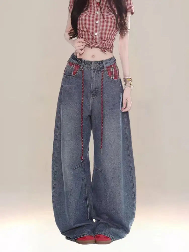 Y2K fashion retro cartoon embroidered women wide-leg jeans casual Harajuku loose pants street personality high-waisted jeans