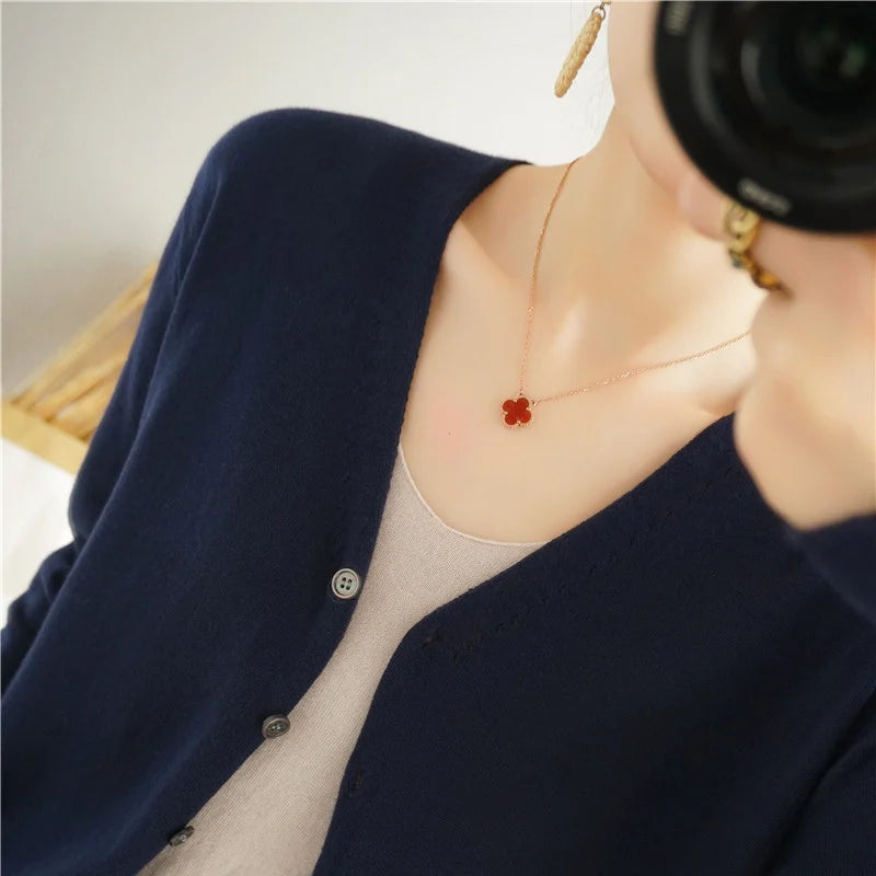 100% Cotton Line Long Sleeve V-Neck Knitted Cardigan Women Loose Short Solid Color Simple Sun Protection SMY K61