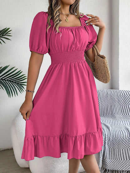 Spring and Summer Elegant High Waisted Dress Square Neck Short Sleeved Ruffled Edge Long Dresses for Women Badiee Stylez