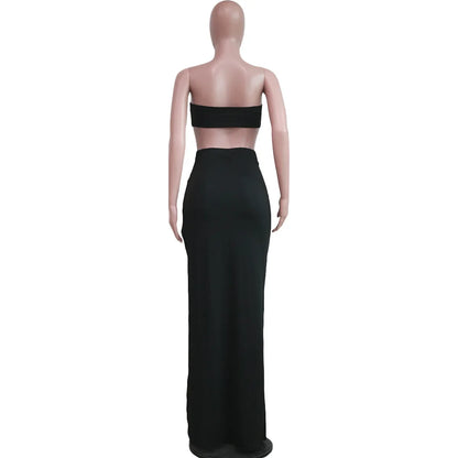 New Chic Gold Ring Bandeau Slit Skirt Two-Piece Set Womens Beautiful Off Shoulder Matching Skirt Set Nightclub Outfits Badiee Stylez