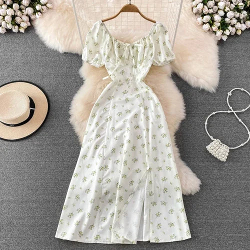 Summer Vintage Dress Blue Floral Summer Bubble Sleeve Tie Up Sexy Dresses Women A-line Print Split Long Dress Elegant Vestidos beige-1