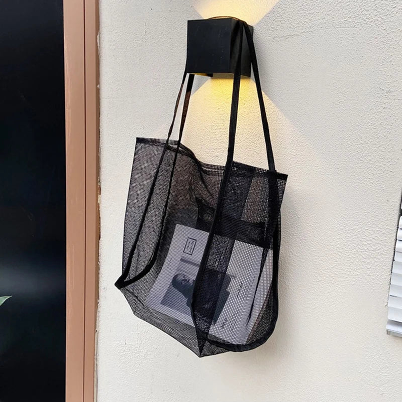 Summer Fashion Mesh Handbag Totes Hollow Out Shoulder Bags For Women Female Casual Fashion Large Capacity Shopping Pack black 38x40x23cm