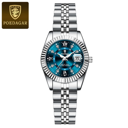 POEDAGAR Original Elegant Women's Watches Waterproof Luminous Date Women Watch Stainless Steel Quartz Fashion Ladies Wristwatch 780 Silver Blue