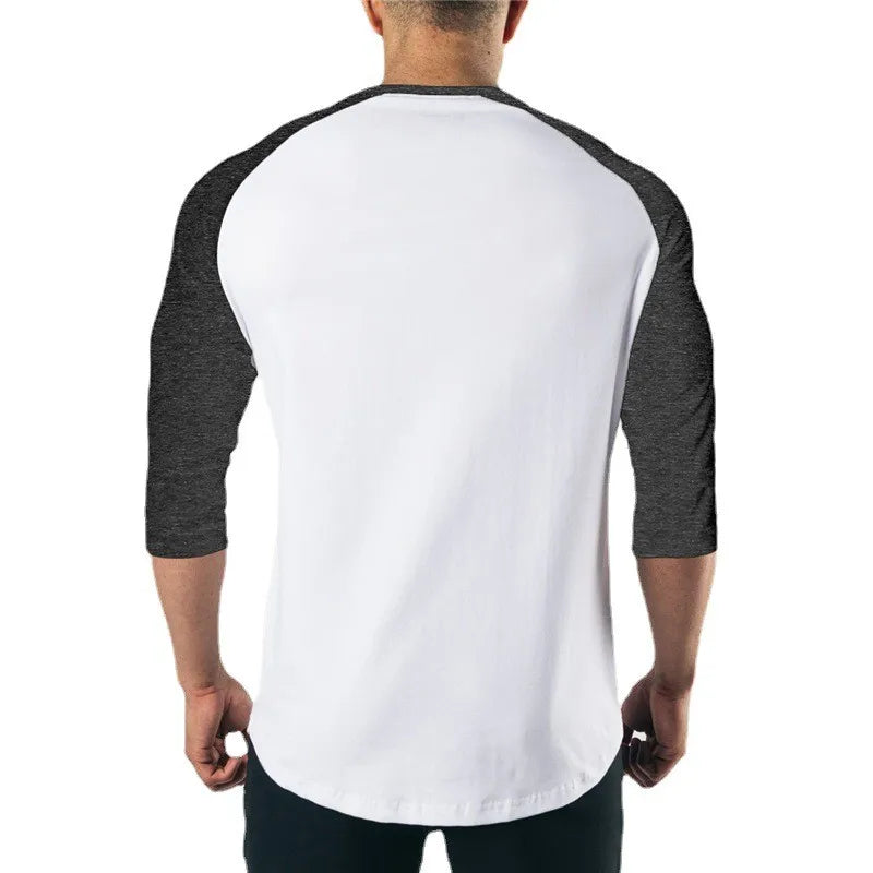Men's Three Quarter Sleeves Cotton Slim Fit Shirts Fashion Color Contrast Sportswear Gym Bodybuilding Fitness Workout T-Shirts