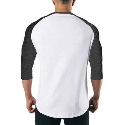 Men's Three Quarter Sleeves Cotton Slim Fit Shirts Fashion Color Contrast Sportswear Gym Bodybuilding Fitness Workout T-Shirts