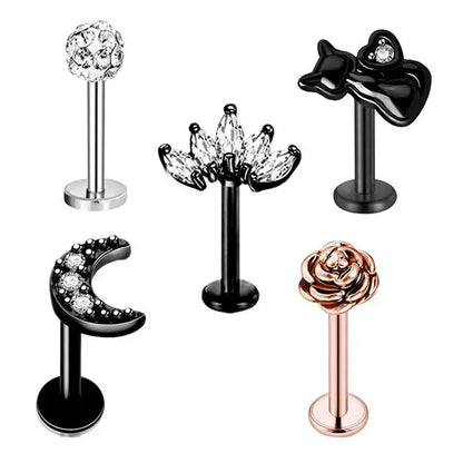 5PCS Flower Tragus Piercing Set Flat Back Cz Cartilage Stud Earring Helix Jewelry Conch Rook Stud Lot Labret Lip Piercing Bulk 5PCS Set13