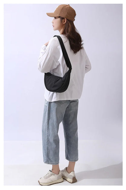 Solid Color Women's Portable Shoulder Bag Simple Female Nylon Cloth Padded Crossbody Bags Travel Purse Handbags Messenger Bag