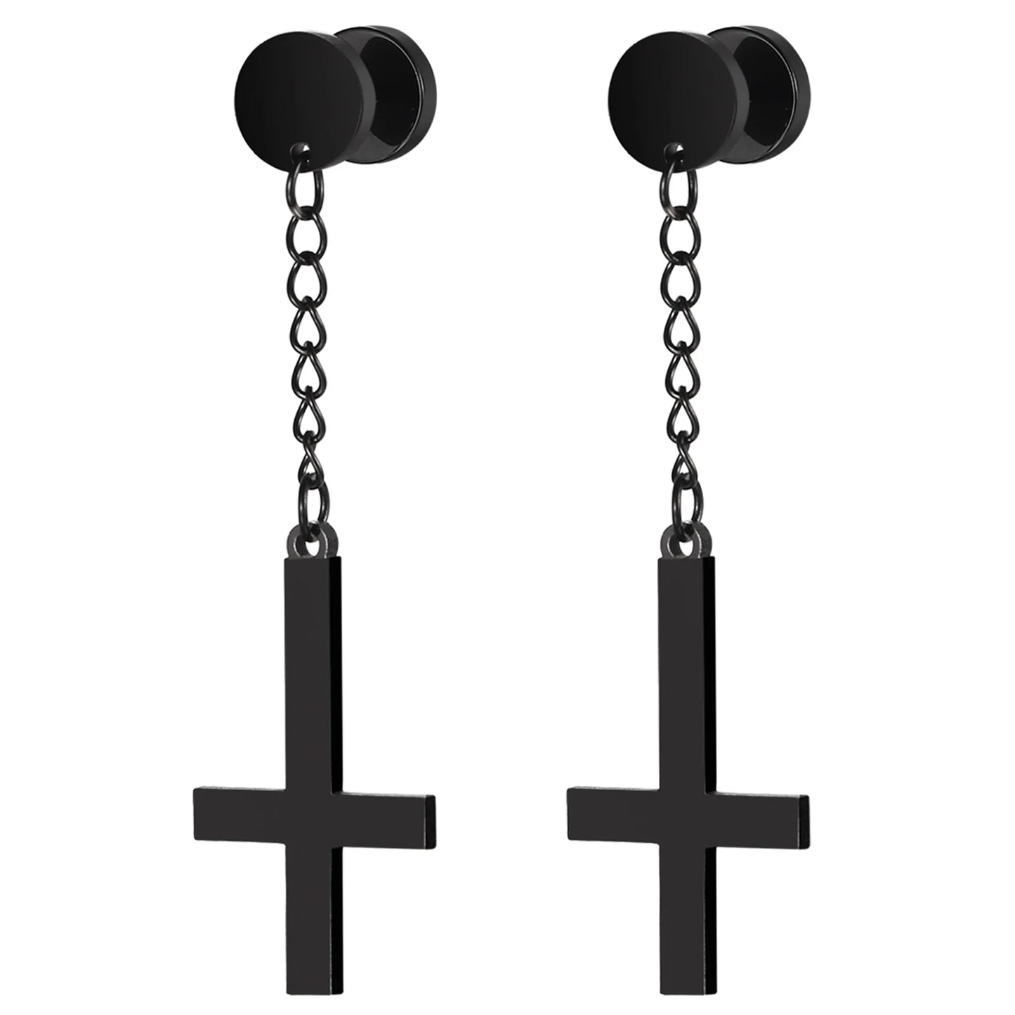 BONISKISS Men Women Stainless Steel Inverted Upside Down Cross Earring Church of Satan Temple Occult Satanic Witchy Stud Jewelry a82421-black