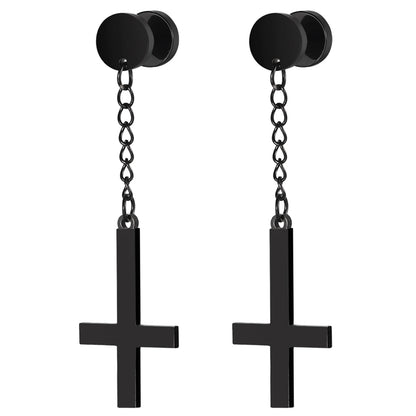 BONISKISS Men Women Stainless Steel Inverted Upside Down Cross Earring Church of Satan Temple Occult Satanic Witchy Stud Jewelry a82421-black