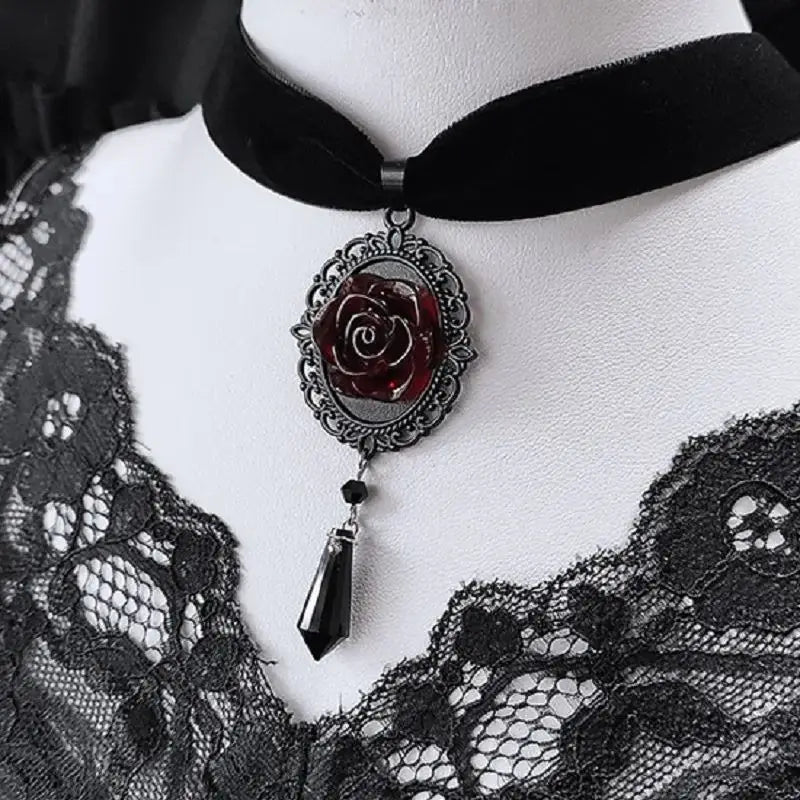 Gothic Dark Rose Cameo Choker Women Girls Halloween Pagan Witch Jewelry Accessories Gift Vintage Vampire Rose Velvet Necklace