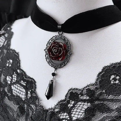 Gothic Dark Rose Cameo Choker Women Girls Halloween Pagan Witch Jewelry Accessories Gift Vintage Vampire Rose Velvet Necklace