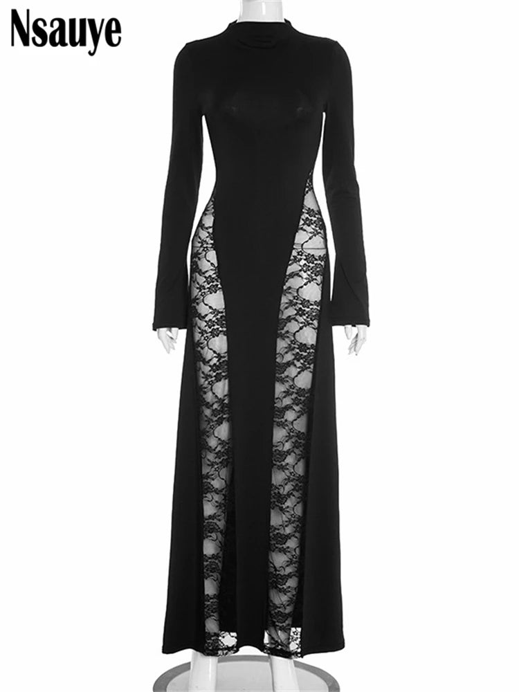 Nsauye Sexy Hollow Out Backless Lace Patchwork Slim Maxi Dresses For Women 2025 Autumn Winter Long Sleeve Long Dress Club Party