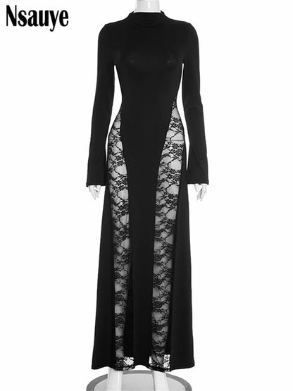 Nsauye Sexy Hollow Out Backless Lace Patchwork Slim Maxi Dresses For Women 2025 Autumn Winter Long Sleeve Long Dress Club Party
