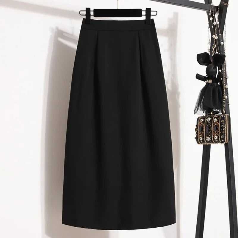 2025 Summer Female Fashionable Versatile Solid Skirts High Waisted Mid Length A-line Plus Size Skirt Split Wrap Body Skirt black
