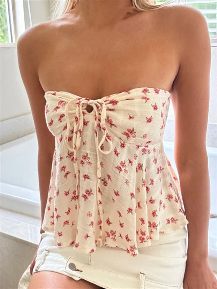CHRONSTYLE Strapless Off Shoulder Ruched Tube Tops Women Front Tie-up Ruffles Summer Party Clubwear Tank fLORAL pRINT Mini Vest A