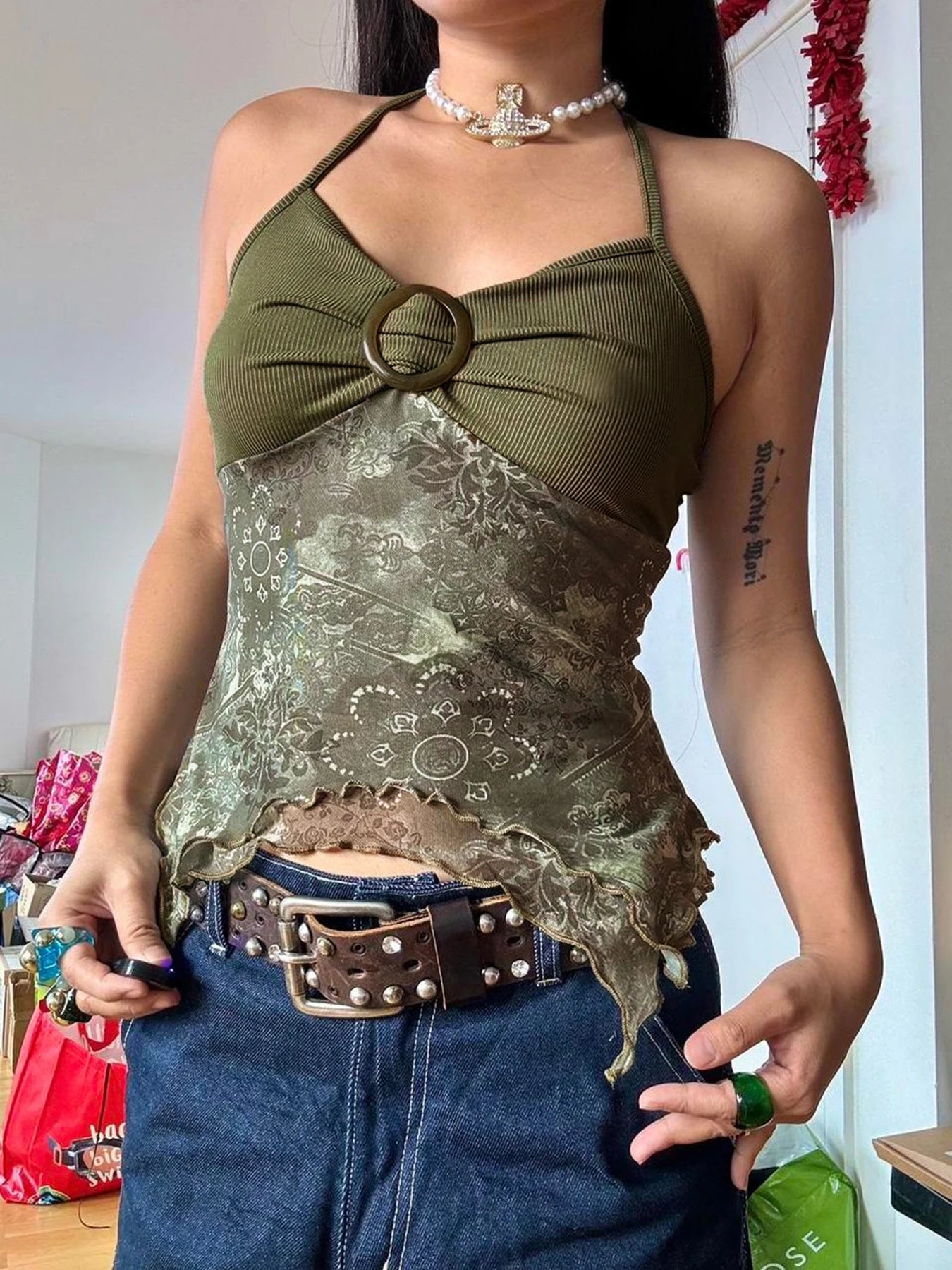 Rockmore Boho Vintage Print Mesh Patchwork Crop Top Women V Neck Camis Y2K Streetwear Female Coquette Aesthetic Clothes 2024