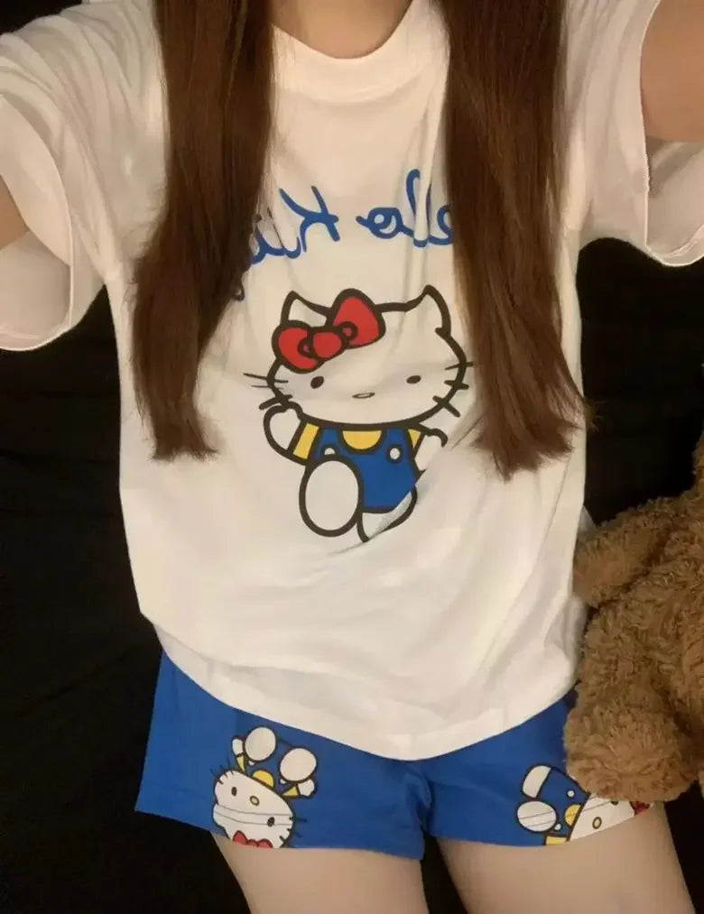 Hello Kitty Summer White & Blue Pajama Set Women's Short Sleeve Shorts with Lace Accents Soft Breathable Loungewear Home Comfort