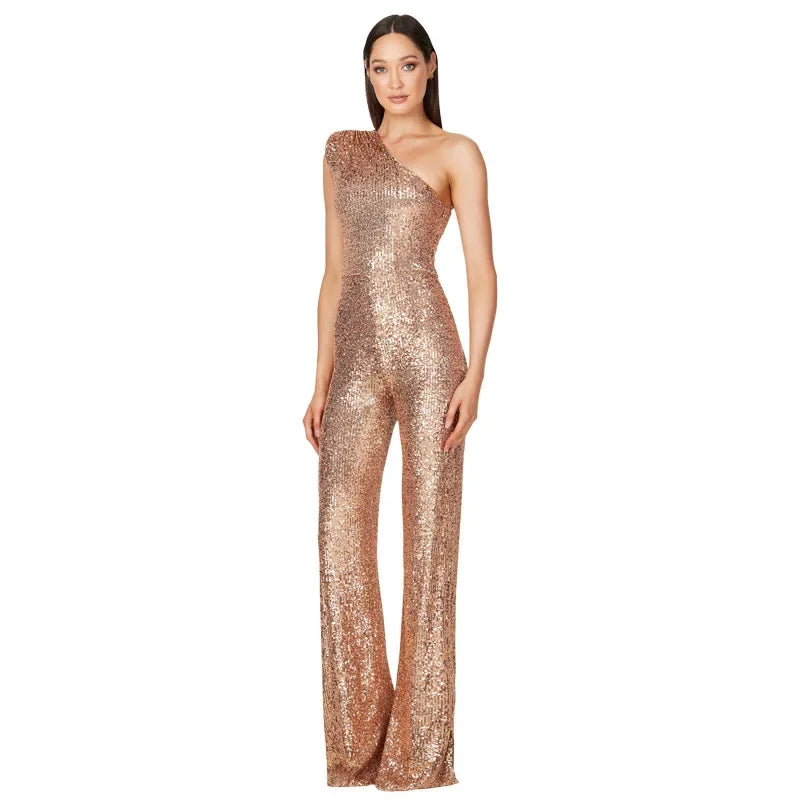 Women Elegant Long Jumpsuits Sexy Glitter Sequin Club Ladies Playsuits Slanted Collar Party Fashion Backless Solid Romper 2024 Badiee Stylez