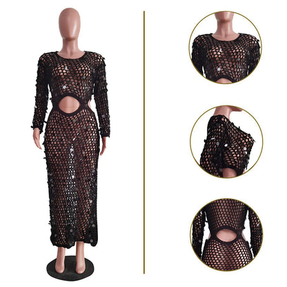 Joskaa Fishnet Knitting Hollow Sequins Maxi Dress Sexy See Through Holiday Long Sleeve Slim Summer 2023 Vacation Beach Dresses