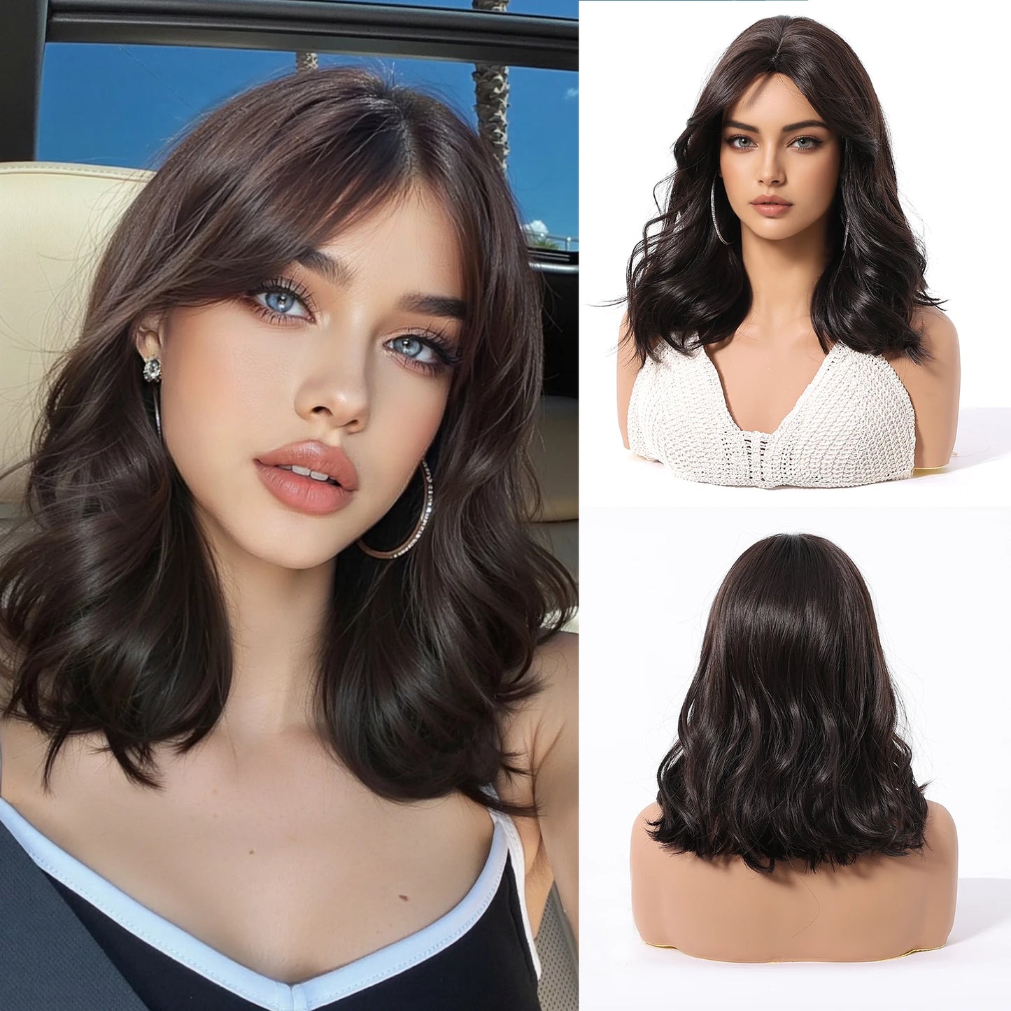 Honey Brown Synthetic Wig Short Wavy Wigs with Medium Part Bangs Cosplay Daily Lolita Curly Hair Wigs for Women Heat Resistant Badiee Stylez