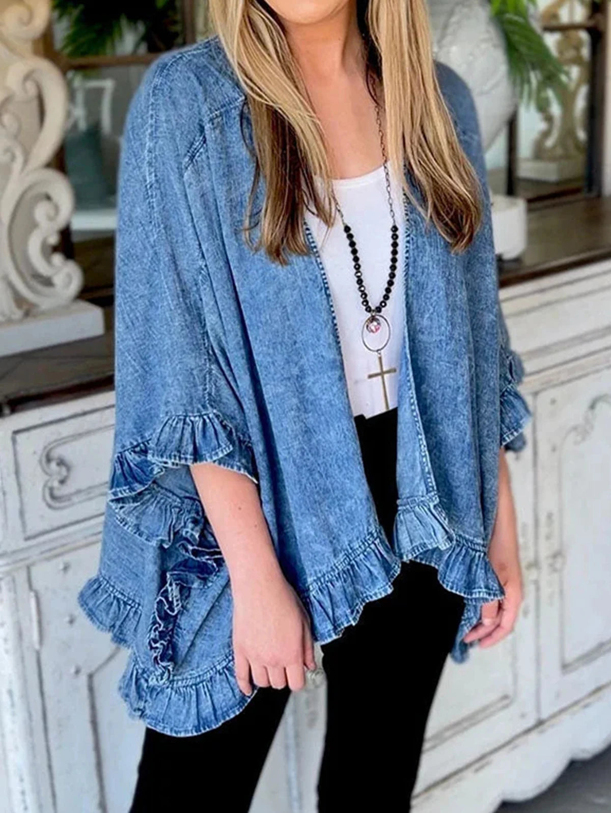Women Plus Size Denim Jacket Splicing Pocket Ruffle 3/4 Sleeves Loose Irregular Hem Washed Summer 2025 Vintage Female Cardigans