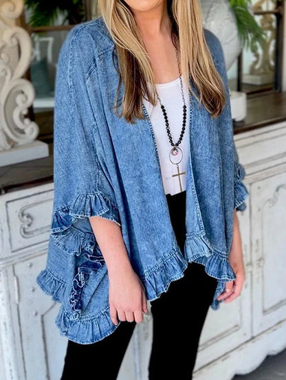 Women Plus Size Denim Jacket Splicing Pocket Ruffle 3/4 Sleeves Loose Irregular Hem Washed Summer 2025 Vintage Female Cardigans