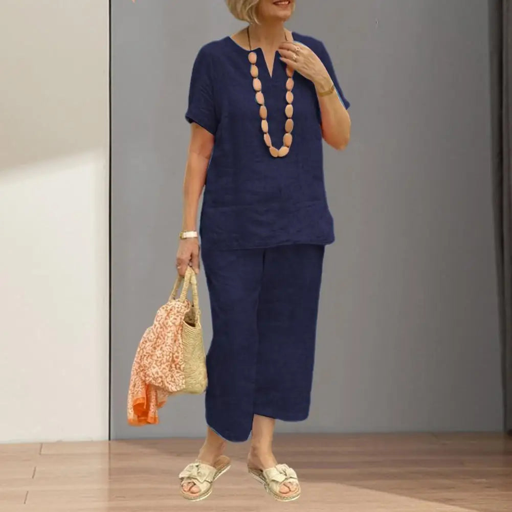 2Pcs Women Blouse Pants Set Solid Color Short Sleeve Loose Top Wide Leg Straight Pants Sets Casual Matching Tracksuit Outfit