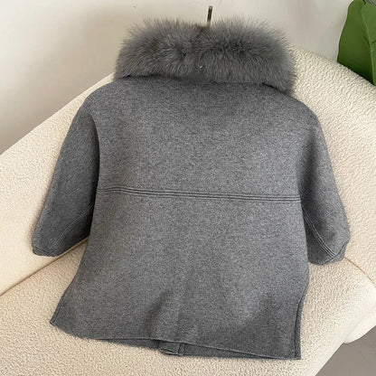 FURYOURSELF 2025 New Real Fox Raccoon Fur Collar Coat Knitted Sweater Women Short Sleeve Jacket Thick Warm Outerwear streetwear