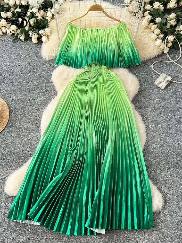SINGREINY 2025 Gradient Party Long Dress Female Off Shoulder Elastic Waist A Line Sundress Vacation Luxury Pleated Maxi Dresses green One Size