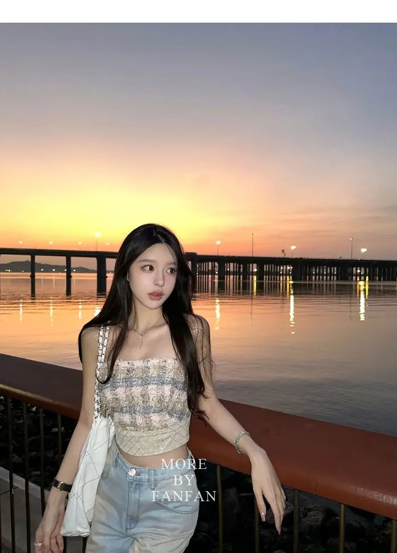 Sexy Camis Plaid Chic tube top Slim Korean Tanks Top Sleeveless Elegant Crop Top Summer Women Bustier