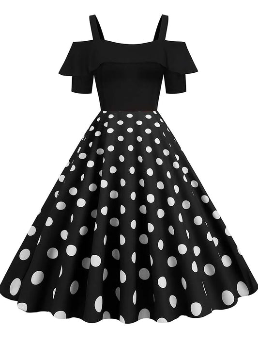 Off the Shoulder Elegant Vintage Party Dress Women Summer Polka Dot Ruffles A Line Midi Dresses Black 002