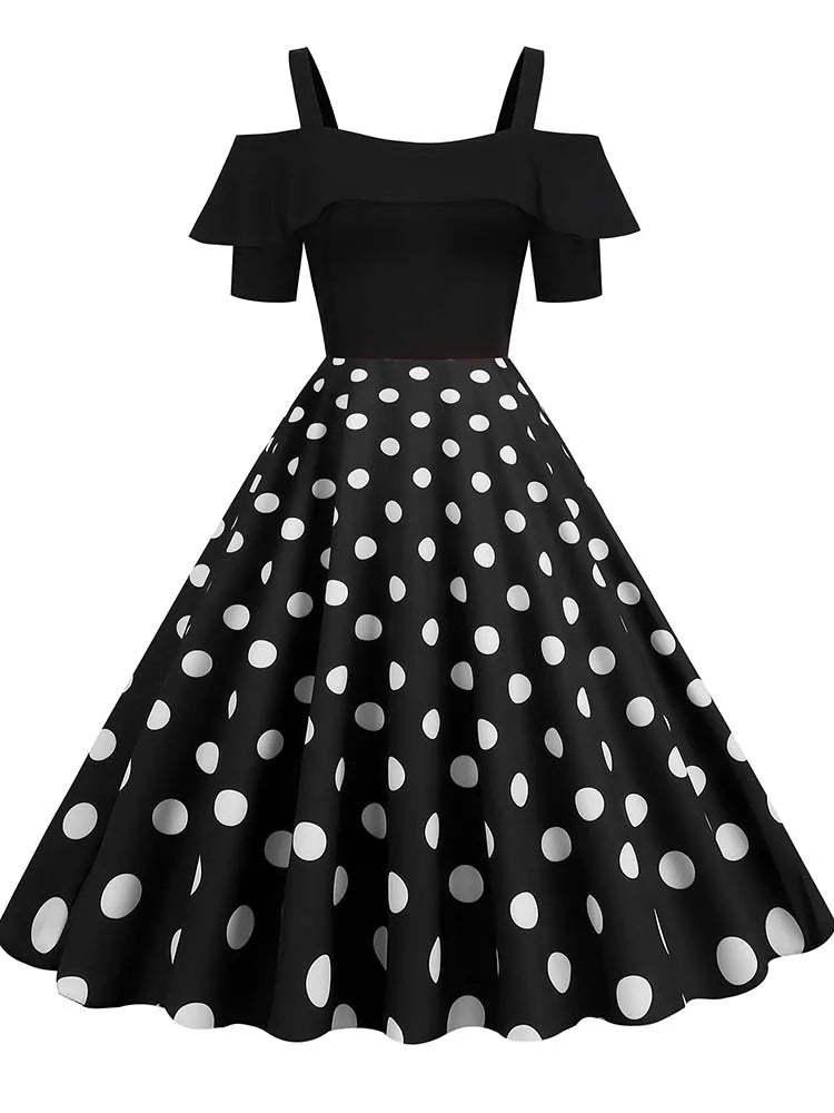 Off the Shoulder Elegant Vintage Party Dress Women Summer Polka Dot Ruffles A Line Midi Dresses Badiee Stylez