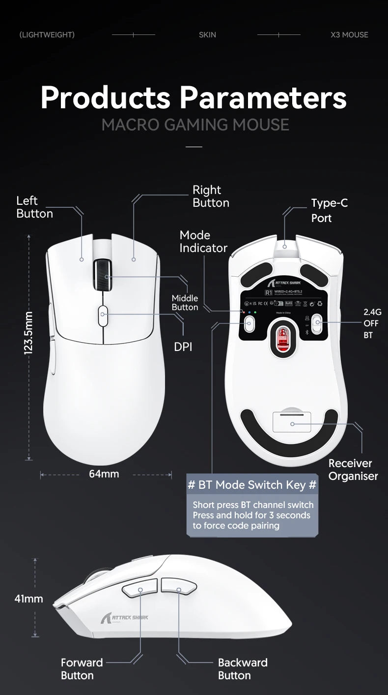 Attack Shark 18000DPI Wireless Mouse, 1000Hz,PAW3311,Bluetooth Tri-mode Connection, R1 Macro Gaming Mouse Badiee Stylez