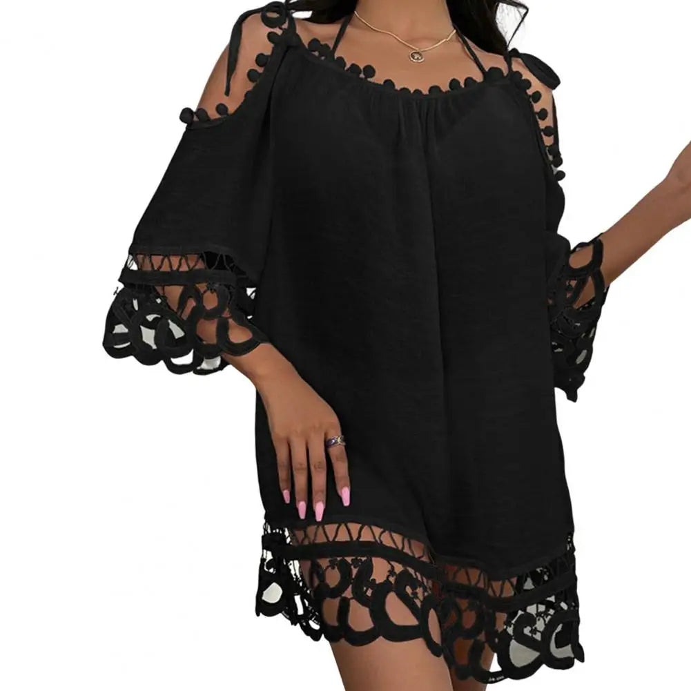 Fabulous Pure Color Beach Mini Dress Loose Beach Mini Dress Soft Pullover Bathing Cover Up Women Clothes Black One Size