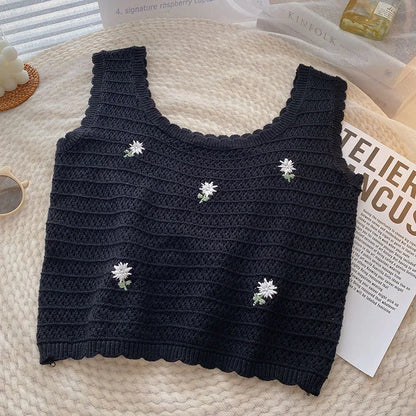 Women Summer Flower Embroidered Knit Tank Tops O-Neck Sleeveless Sweet Camisole Crochet Outer Wear Vintage Loose Inner Crop Tops