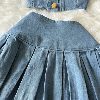 Two Piece Sets Women Sexy Dress Sets Skirt Set Sling Sleeveless Casual Denim Tops Short Skirts A Line Elegant Splice Y2k Summer