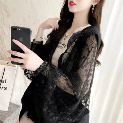 Fashion Lace Hollow Sun-Protective Clothes Women Hooded Coat New Summer Long Sleeve Cardigan Jacket Female Loose Outerwear G2498
