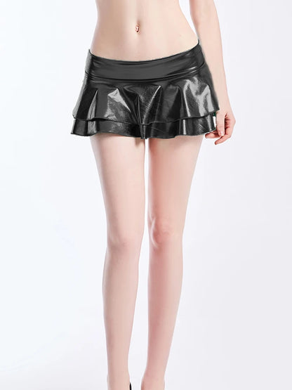 CUHAKCI Sexy Outwear Skirt New High Street Summer Women Mini Skirts Shiny Bodycon Party Clubwear Short Solid Pleated Bottoms D152 Black