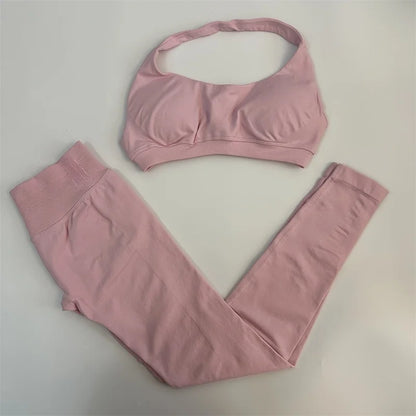 No Logo Yoga Legging Sets for Women Seamless Yoga Set Scrunch Butt Legging Set Workout Gym Suit with Halter Crop Top Badiee Stylez