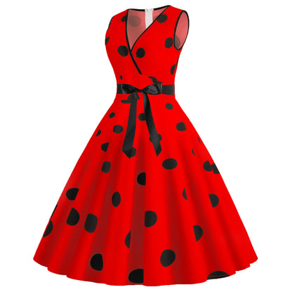Summer V-neck sleeveless polka dot lace-up waist tucked vintage swing dress