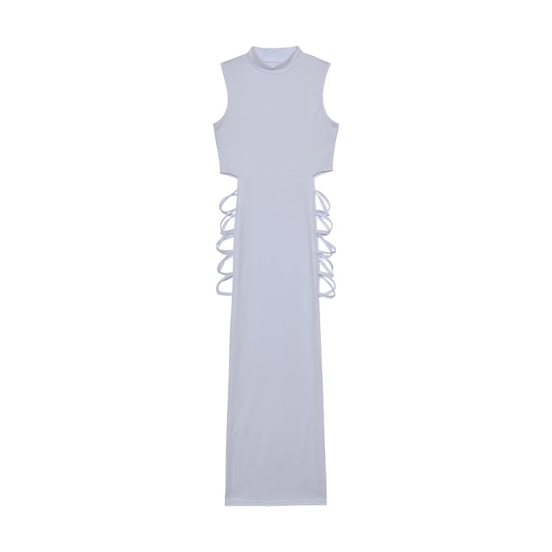 Criss Cross Cut Out Dress, Sexy Bodycon Mock Neck Sleeveless Dress, Women's Clothing WHITE