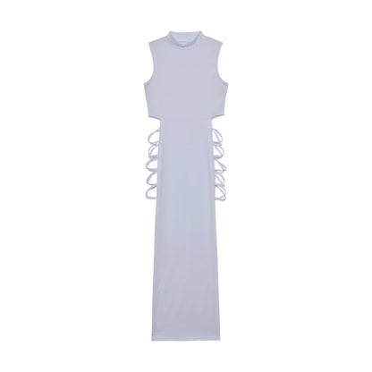 Criss Cross Cut Out Dress, Sexy Bodycon Mock Neck Sleeveless Dress, Women's Clothing WHITE