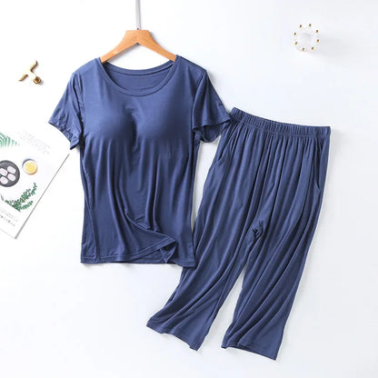 2025 summer new ladies modal pajamas two-piece suit with chest pad short-sleeved cropped trousers plus size home service set