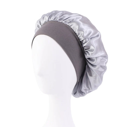 Women's Satin Solid Bonnets Wide-brimmed Night Sleeping Bathing Hat Unisex Head Wrap Elastic Band Cap Hair Care Bonnet sliver One Size