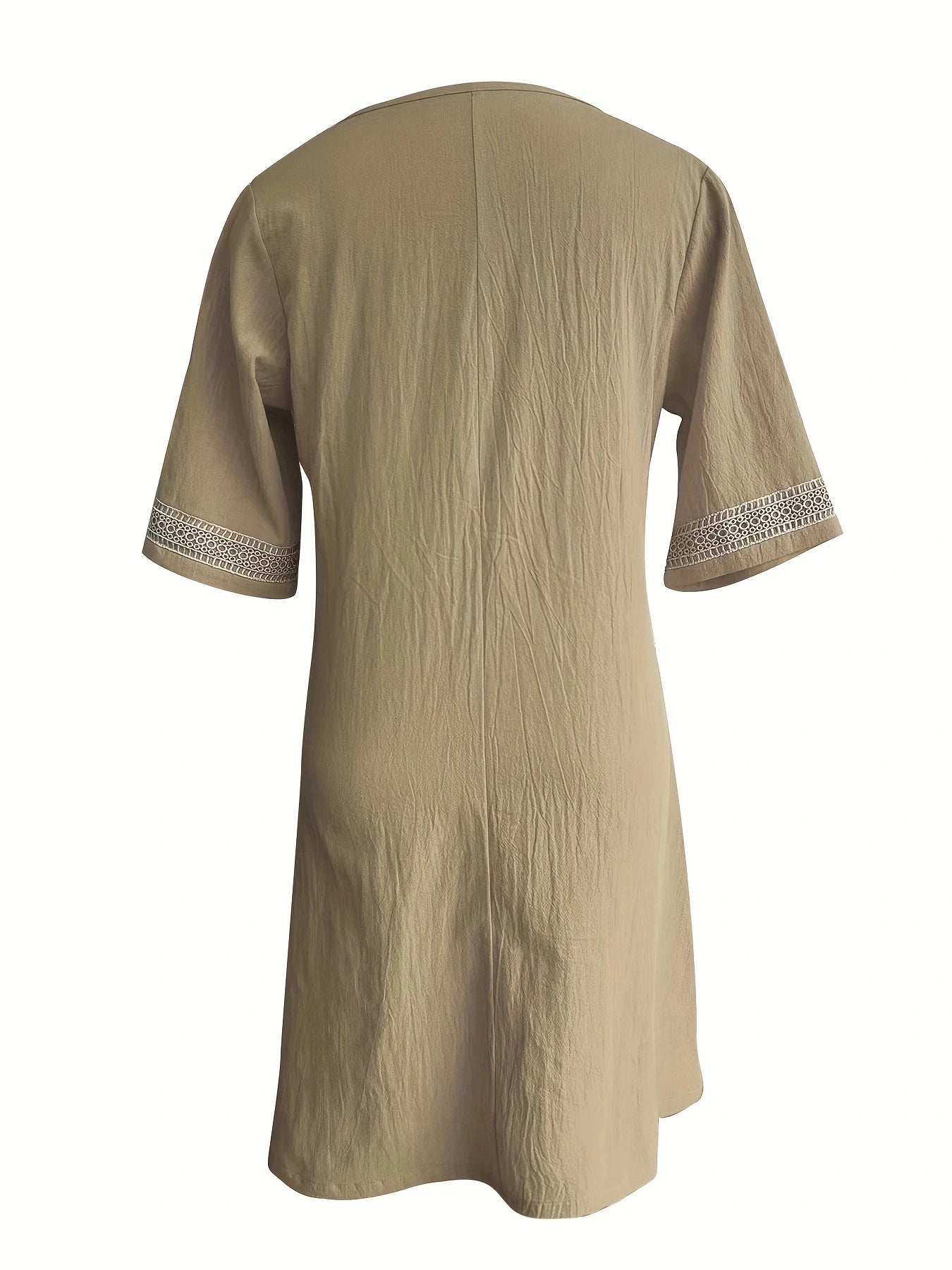 Chic Guipure Lace V-Neck Tunic Dress - Easy-Care, Knee-Length, All- Season Comfort with Stylish Hollow Details Badiee Stylez