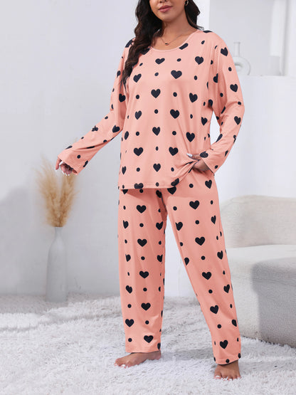 Plus Size Women's Heart Print Long Sleeve T-Shirt And Pants With Elastic 2pc Pajama Set,Women Round Neck Top and Trouser Pajama