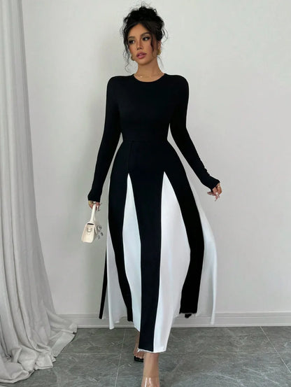 2025 Spring & Autumn Women's Long Sleeve Round Neck A Line Contrast Color Dress, Stylish Black & White Patchwork Long Dress