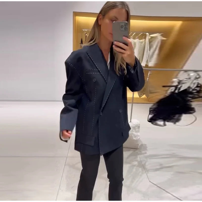 Casual Women's Blazer Pant Suits Loose Lapel Doube-Breasted Top Straight Pants Lady Set 2025 Autumn New 2 Pieces Sets Women Badiee Stylez