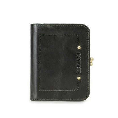 CONTACT'S Genuine Leather Short Wallets for Women Kiss Lock Classic Wallet Metal Frame Coin Purses Card Holder Money Clip Bags Dark Green CHINA